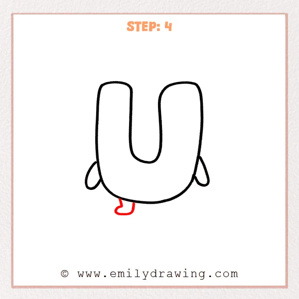 how to draw a bubble letter u - A bubble letter U character with side loops and one short leg ending in a rounded shoe, beginning to look like a cute mascot.